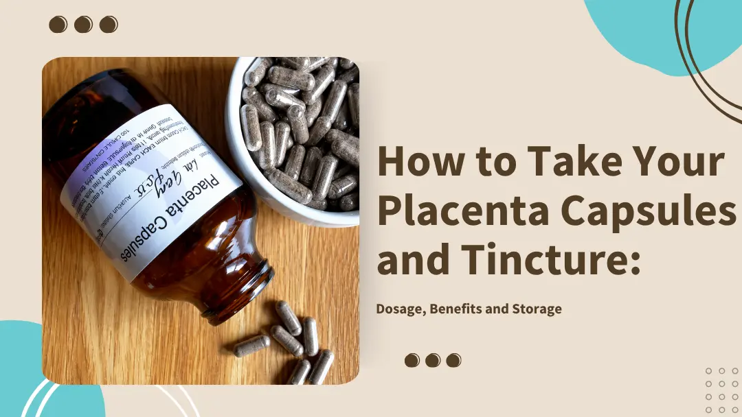Placenta capsules in a glass jar with a wooden spoon, representing the Opening to Life postpartum recovery dosage guide for new mothers in Melbourne
